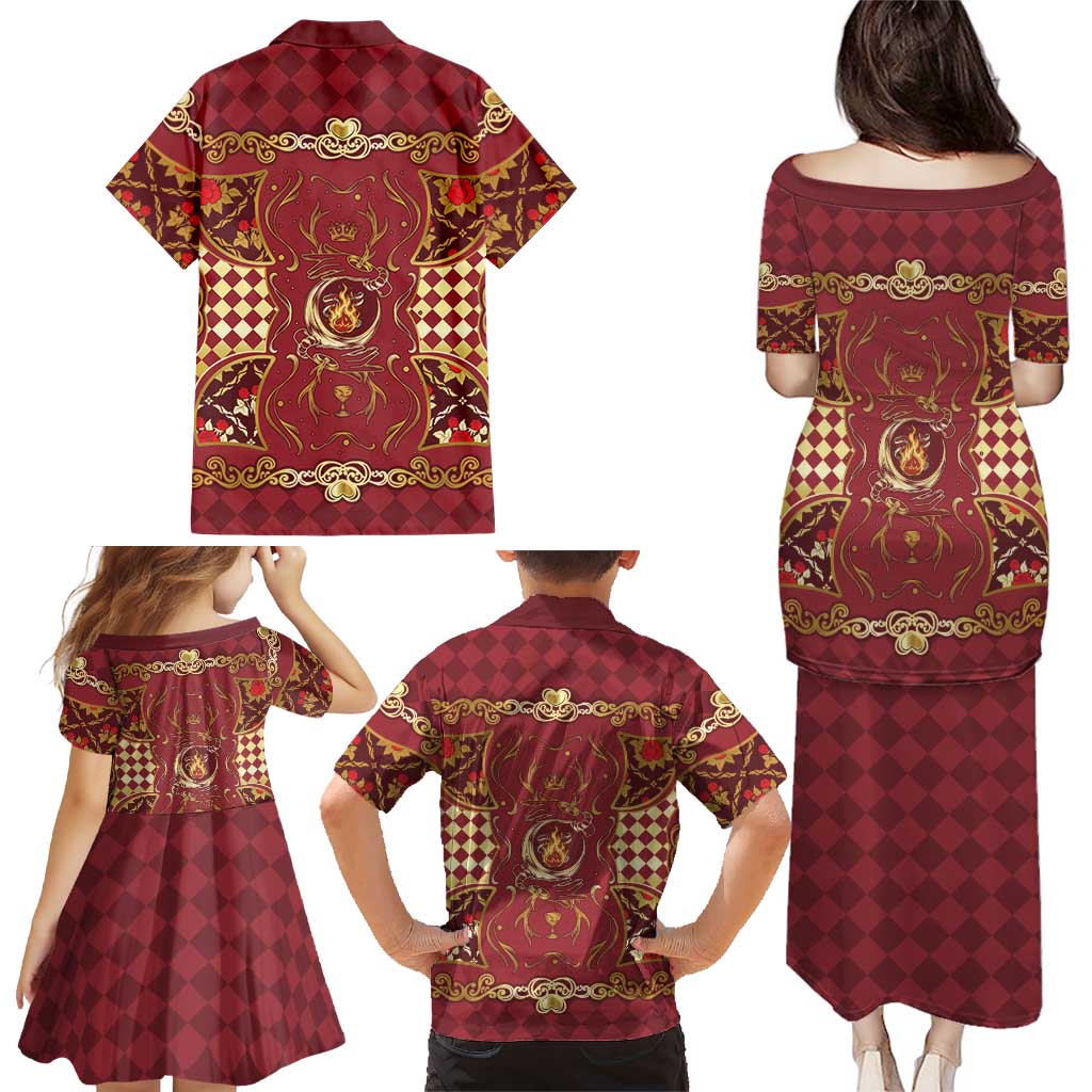 Zodiac Signs Family Matching Puletasi and Hawaiian Shirt The Fire Element Baroque Hearts Card