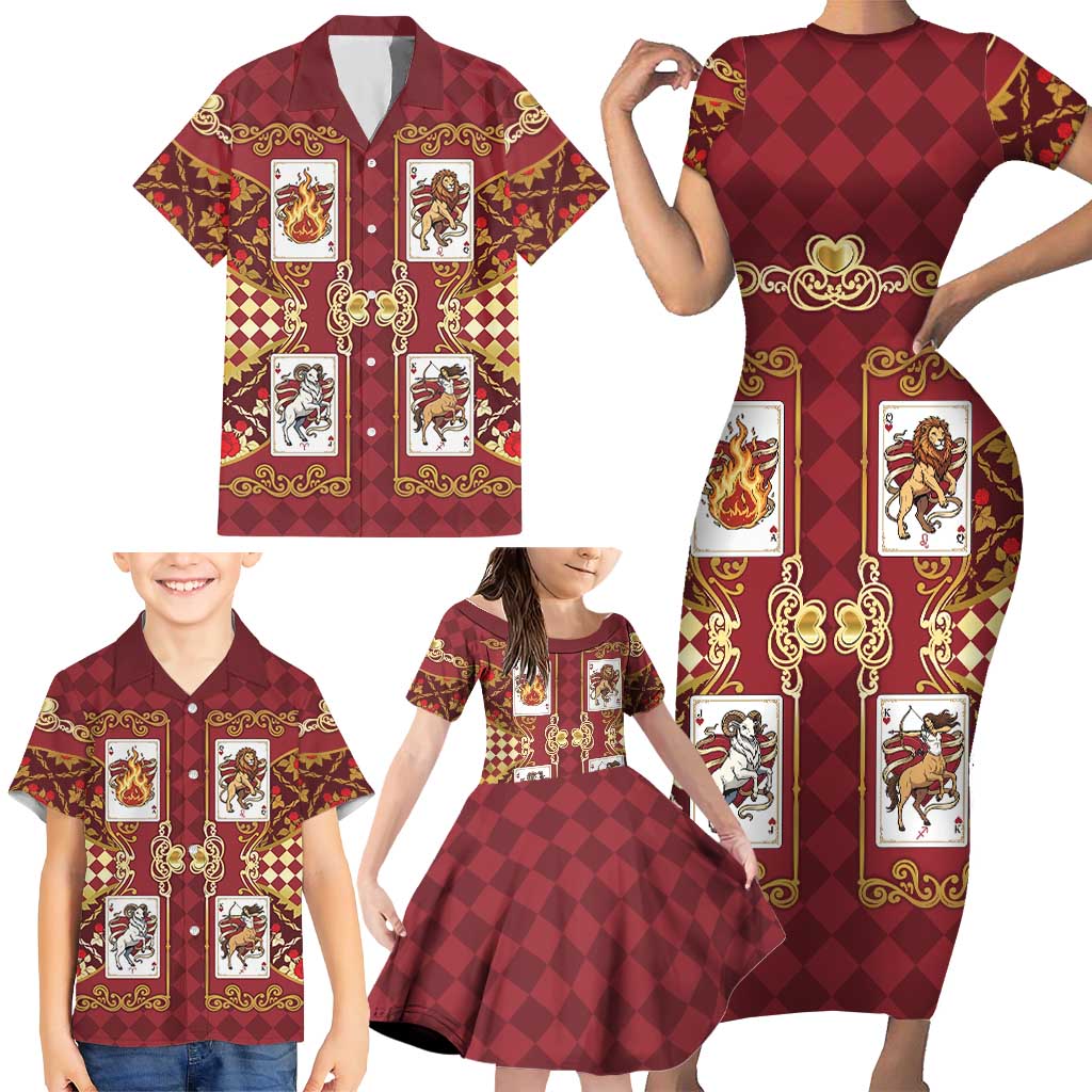 Zodiac Signs Family Matching Short Sleeve Bodycon Dress and Hawaiian Shirt The Fire Element Baroque Hearts Card