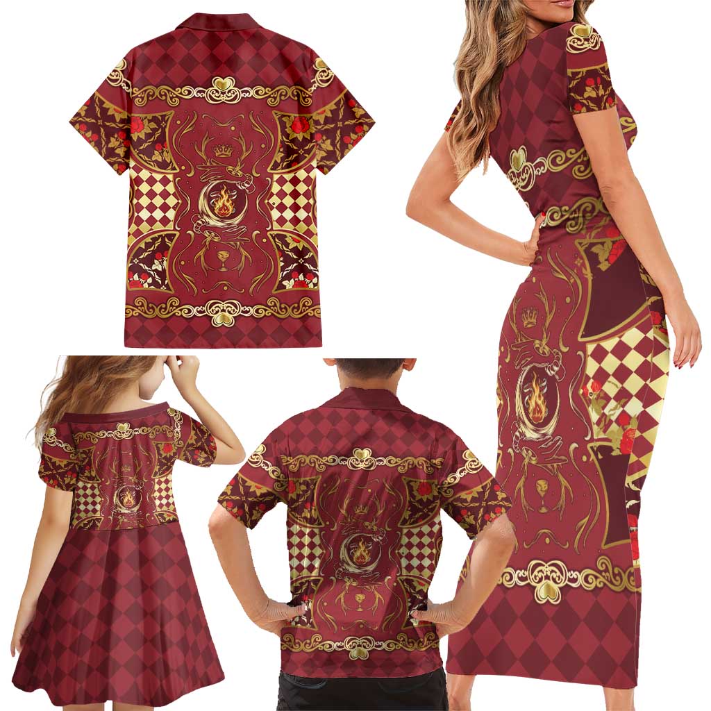 Zodiac Signs Family Matching Short Sleeve Bodycon Dress and Hawaiian Shirt The Fire Element Baroque Hearts Card