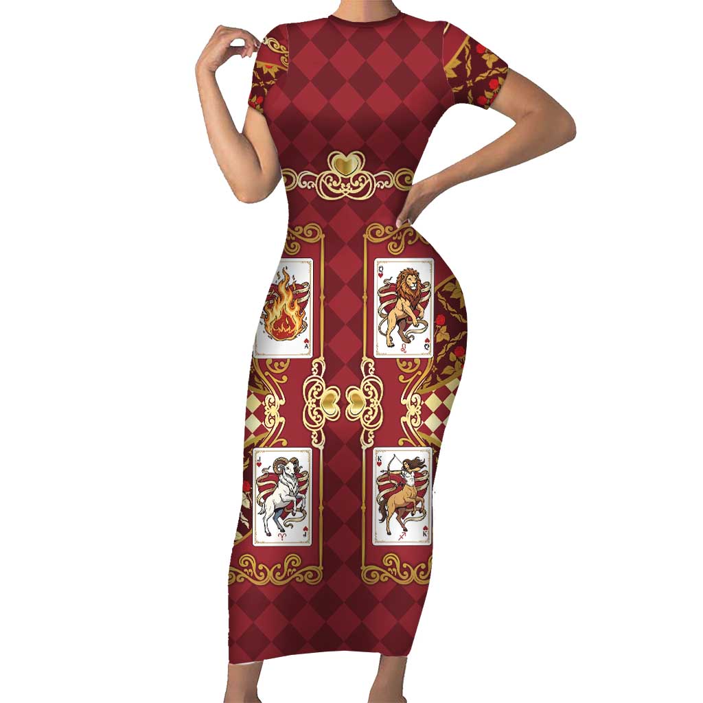 Zodiac Signs Family Matching Short Sleeve Bodycon Dress and Hawaiian Shirt The Fire Element Baroque Hearts Card