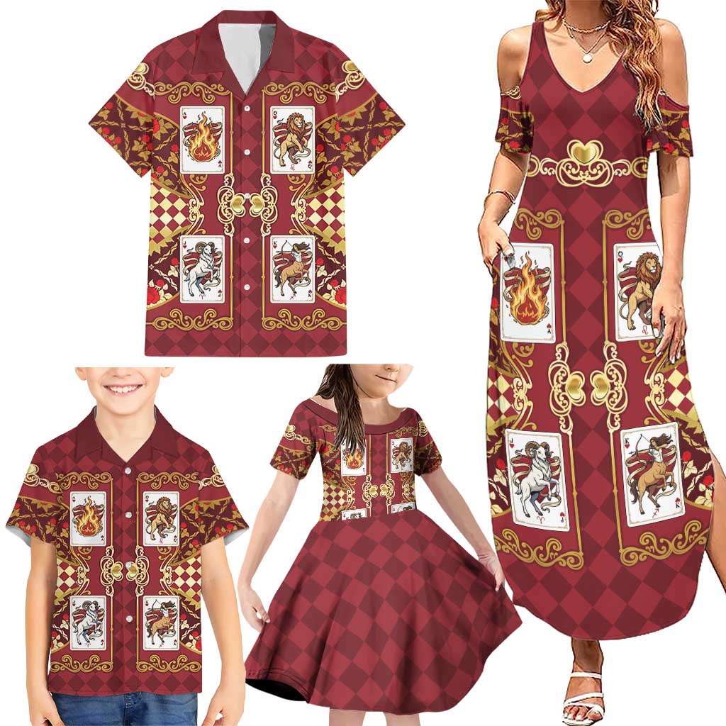 Zodiac Signs Family Matching Summer Maxi Dress and Hawaiian Shirt The Fire Element Baroque Hearts Card