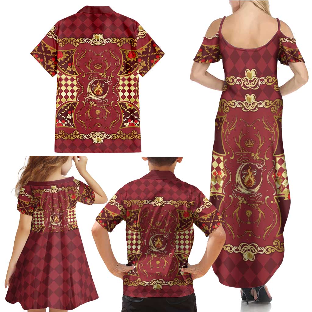 Zodiac Signs Family Matching Summer Maxi Dress and Hawaiian Shirt The Fire Element Baroque Hearts Card