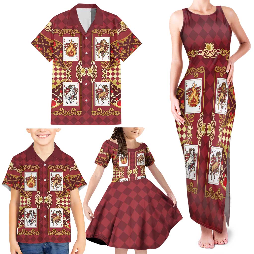 Zodiac Signs Family Matching Tank Maxi Dress and Hawaiian Shirt The Fire Element Baroque Hearts Card