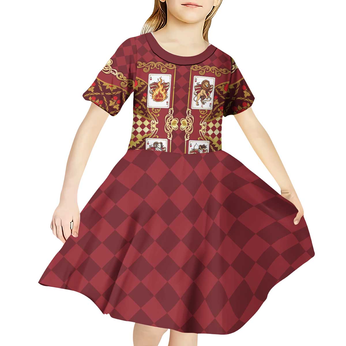 Zodiac Signs Kid Short Sleeve Dress The Fire Element Baroque Hearts Card