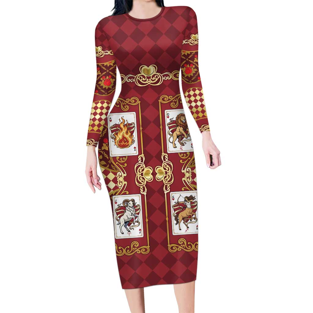 Zodiac Signs Long Sleeve Bodycon Dress The Fire Element Baroque Hearts Card