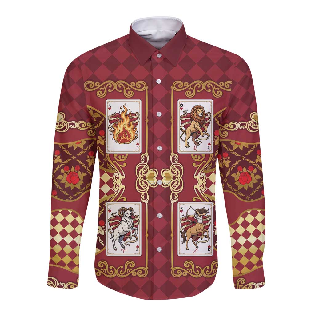 Zodiac Signs Long Sleeve Button Shirt The Fire Element Baroque Hearts Card