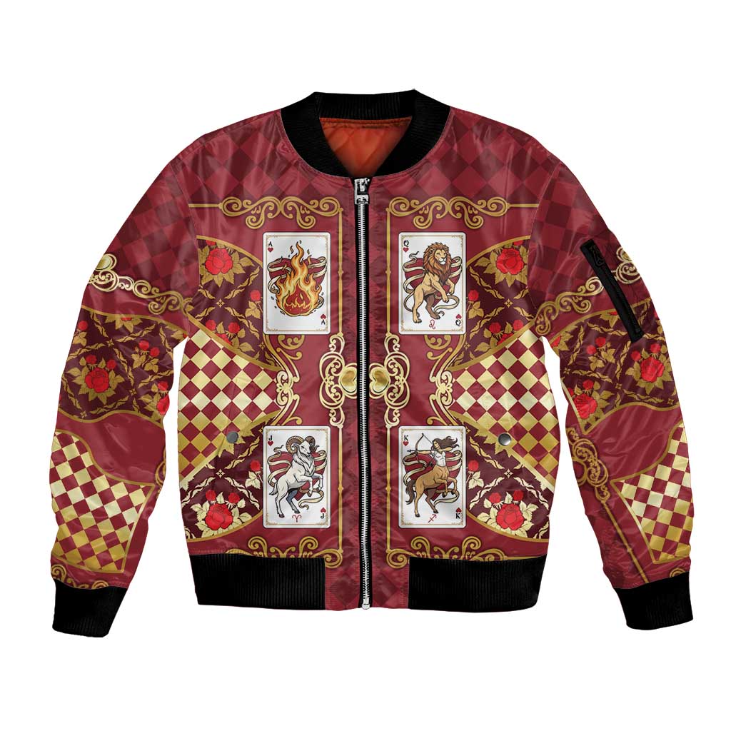 Zodiac Signs Sleeve Zip Bomber Jacket The Fire Element Baroque Hearts Card