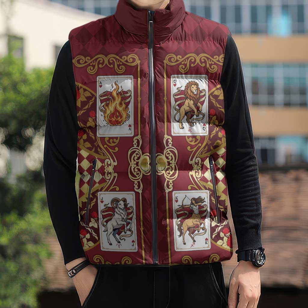 Zodiac Signs Sleeveless Puffer Jacket The Fire Element Baroque Hearts Card
