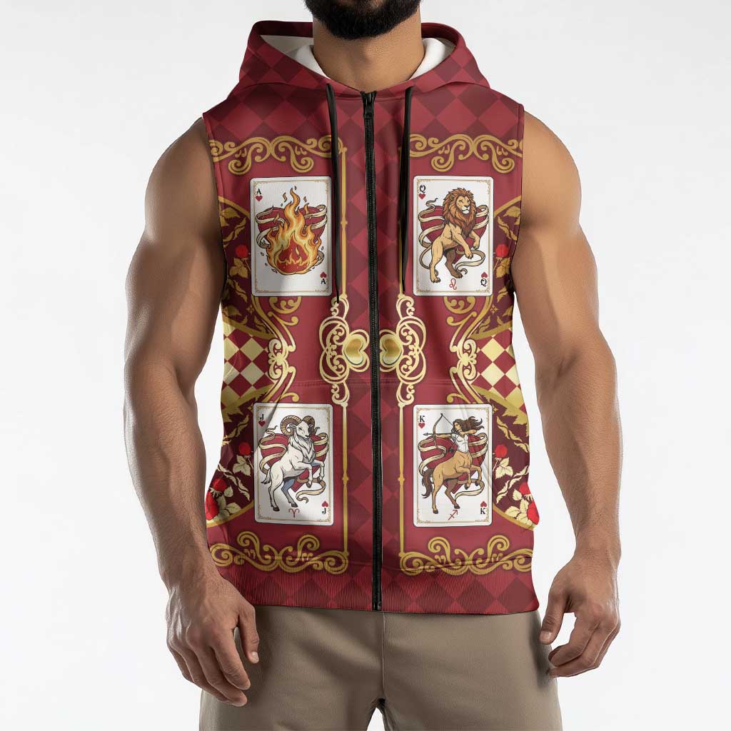 Zodiac Signs Sleeveless Zip Hoodie The Fire Element Baroque Hearts Card