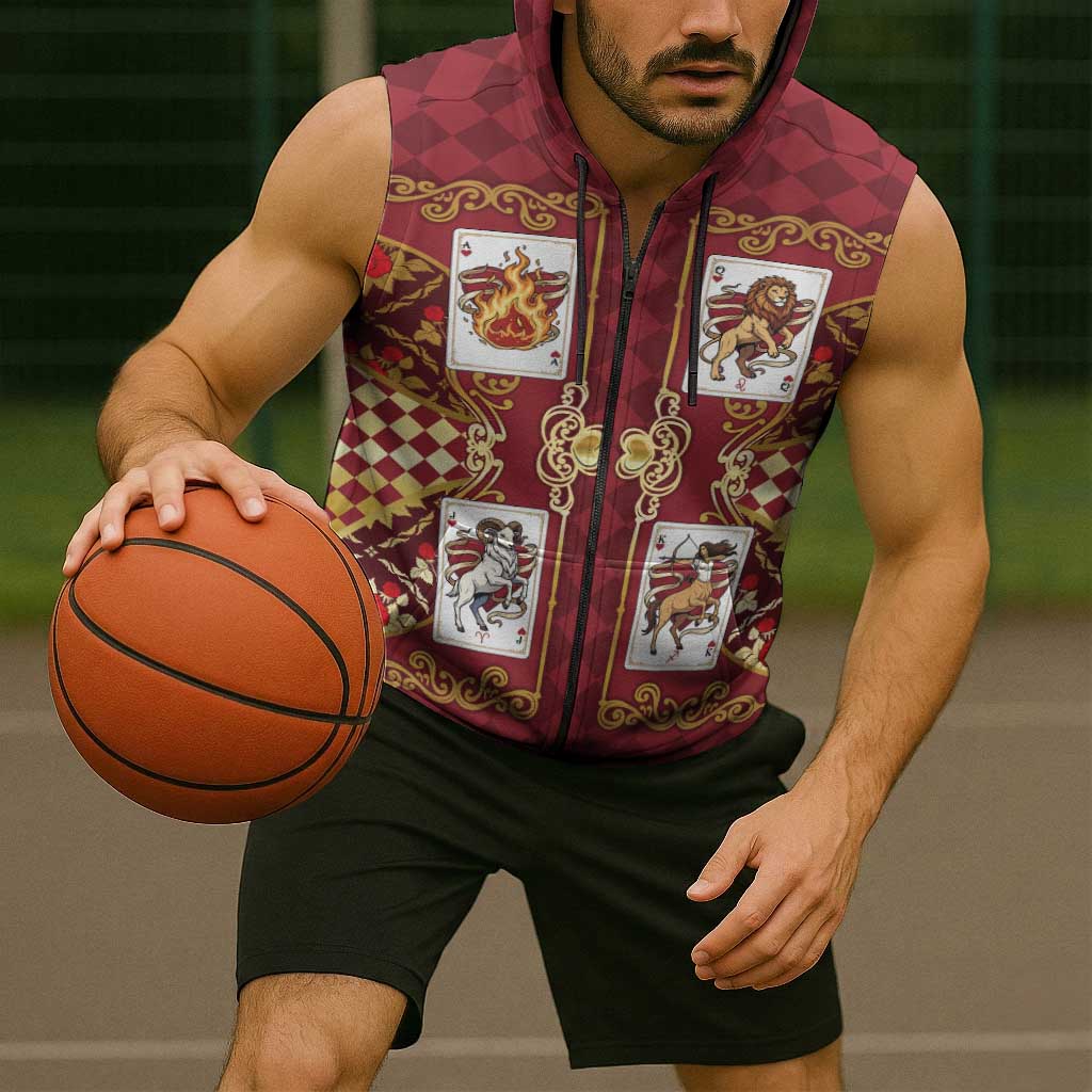 Zodiac Signs Sleeveless Zip Hoodie The Fire Element Baroque Hearts Card