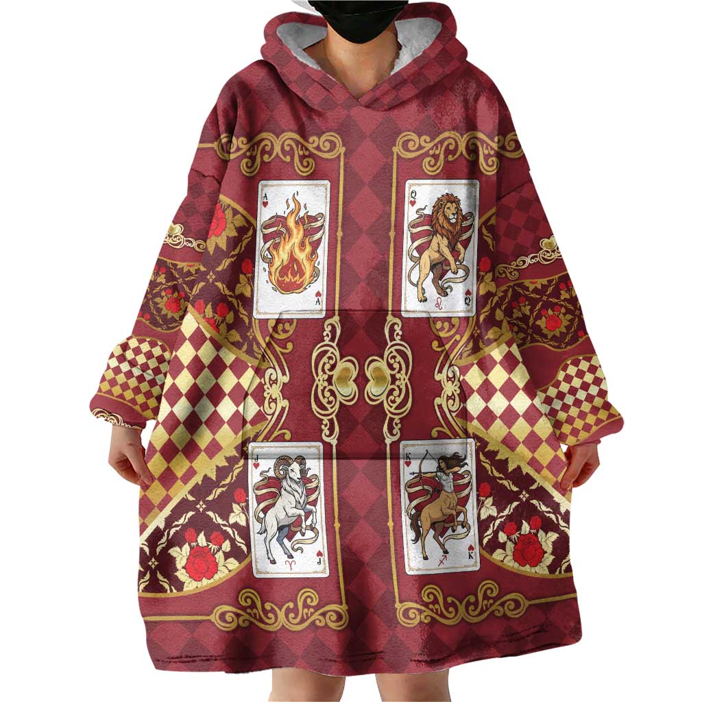 Zodiac Signs Wearable Blanket Hoodie The Fire Element Baroque Hearts Card
