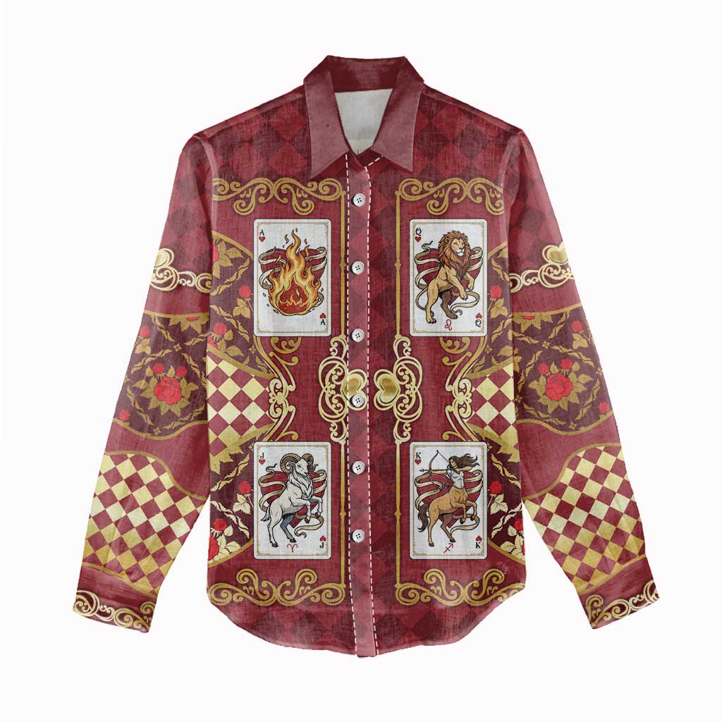 Zodiac Signs Women Casual Shirt The Fire Element Baroque Hearts Card
