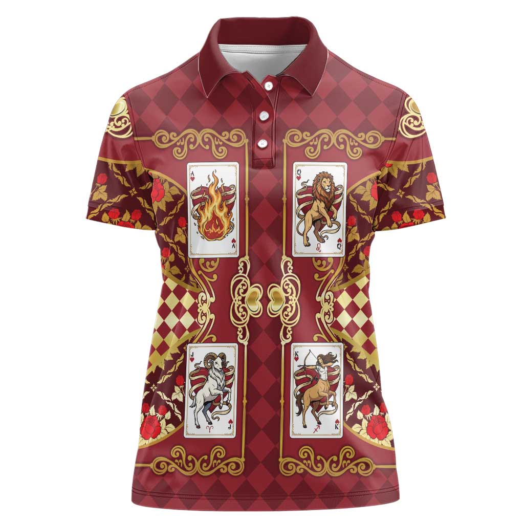 Zodiac Signs Women Polo Shirt The Fire Element Baroque Hearts Card