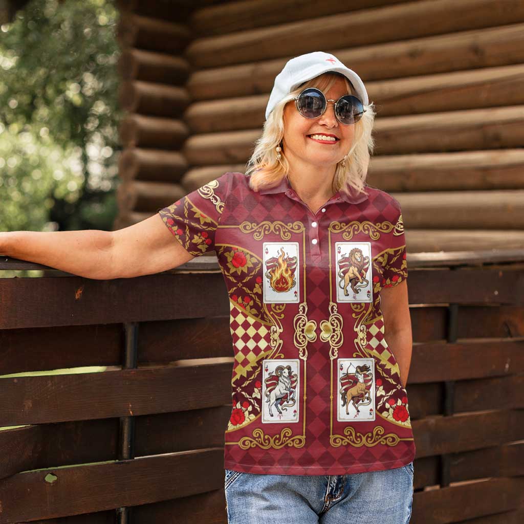 Zodiac Signs Women Polo Shirt The Fire Element Baroque Hearts Card