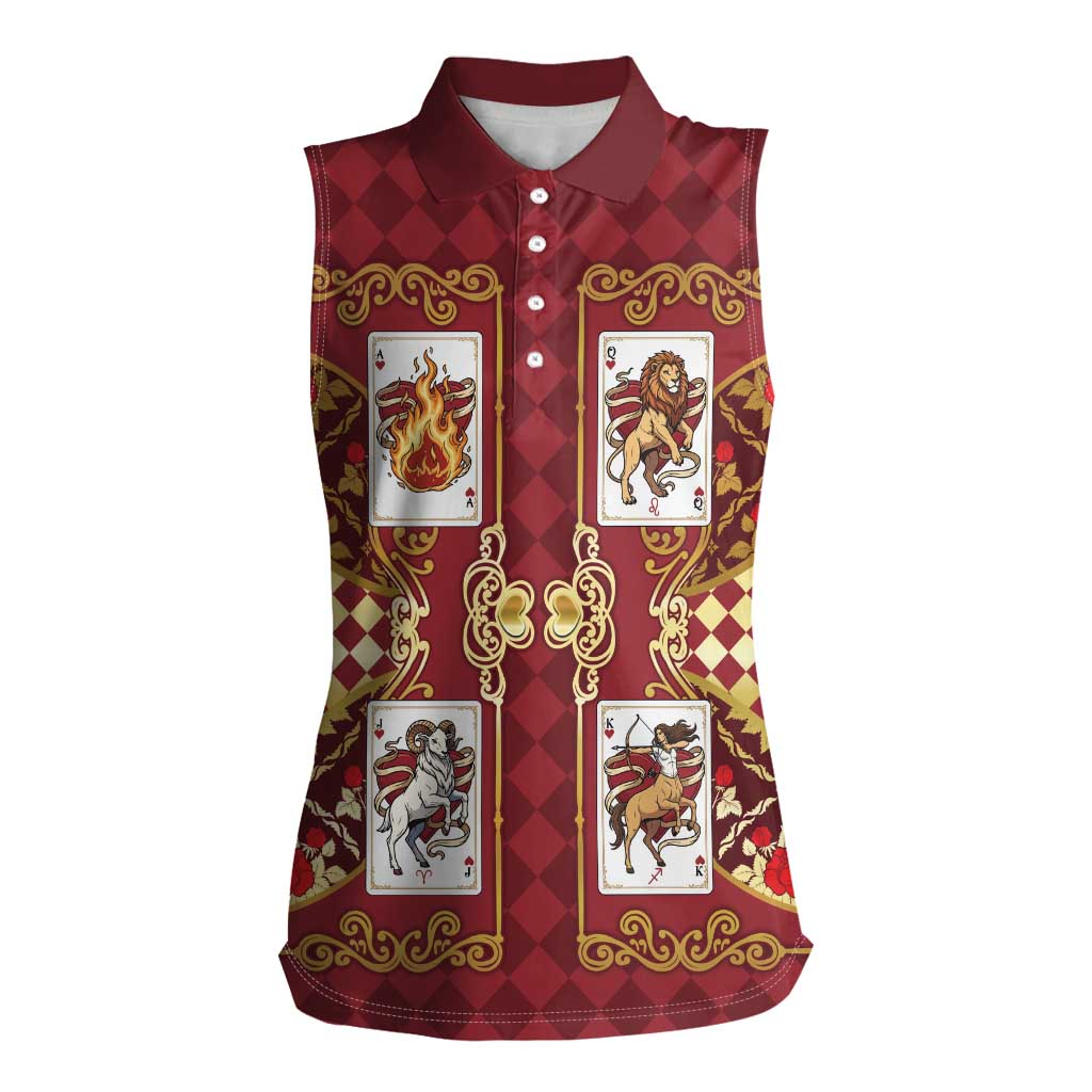 Zodiac Signs Women Sleeveless Polo Shirt The Fire Element Baroque Hearts Card