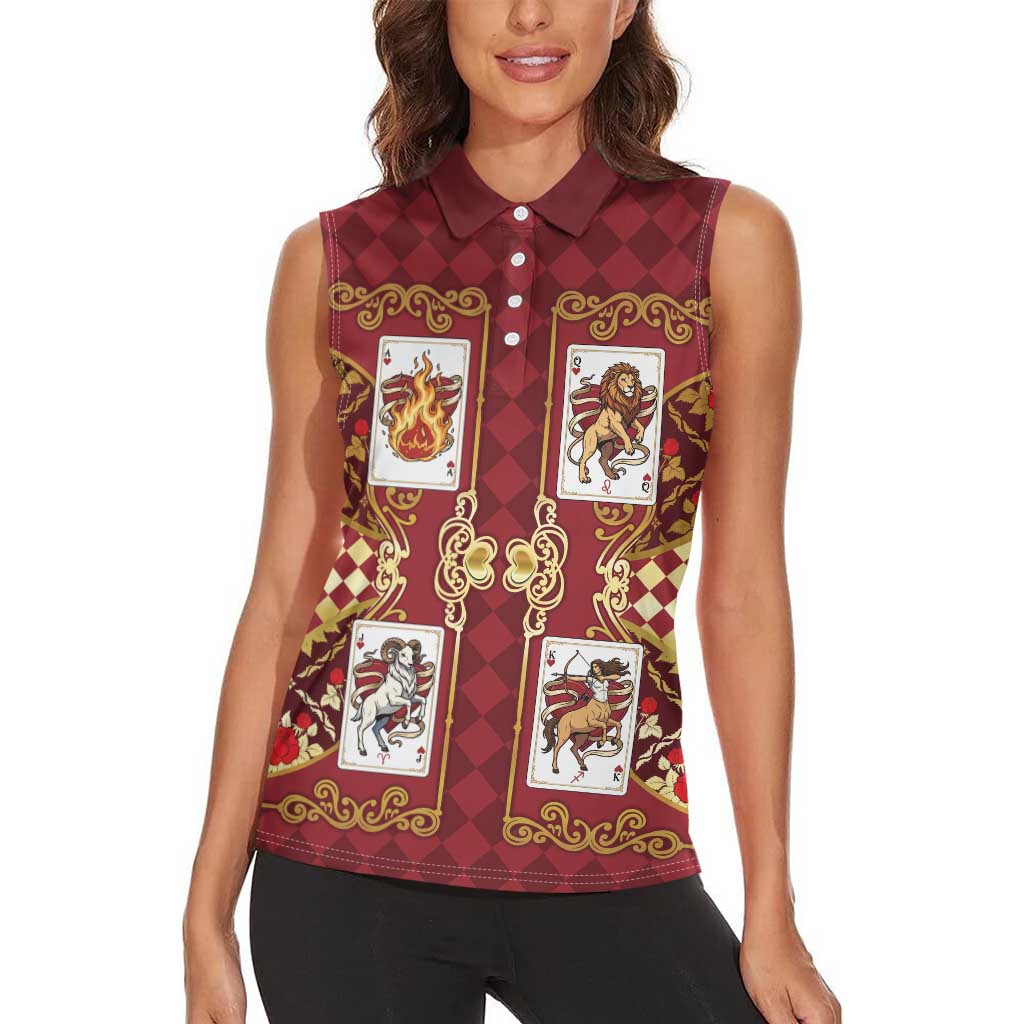 Zodiac Signs Women Sleeveless Polo Shirt The Fire Element Baroque Hearts Card