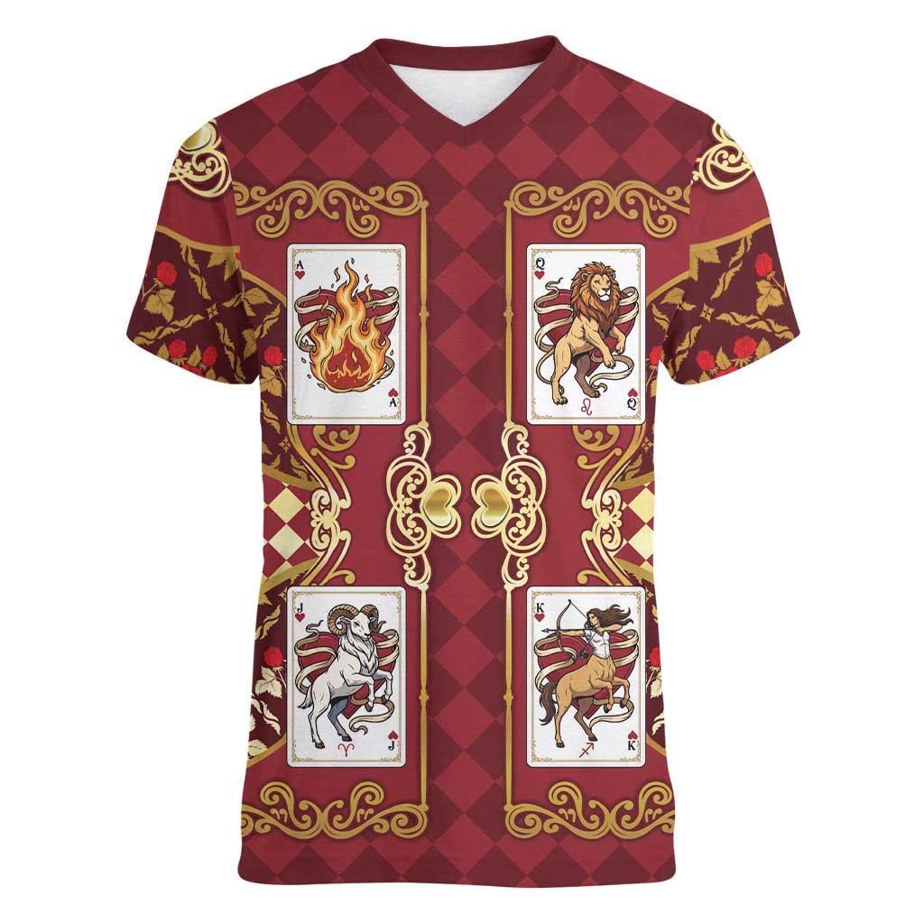 Zodiac Signs Women V-Neck T-Shirt The Fire Element Baroque Hearts Card