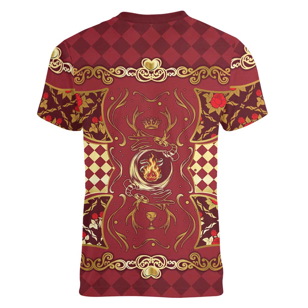 Zodiac Signs Women V-Neck T-Shirt The Fire Element Baroque Hearts Card