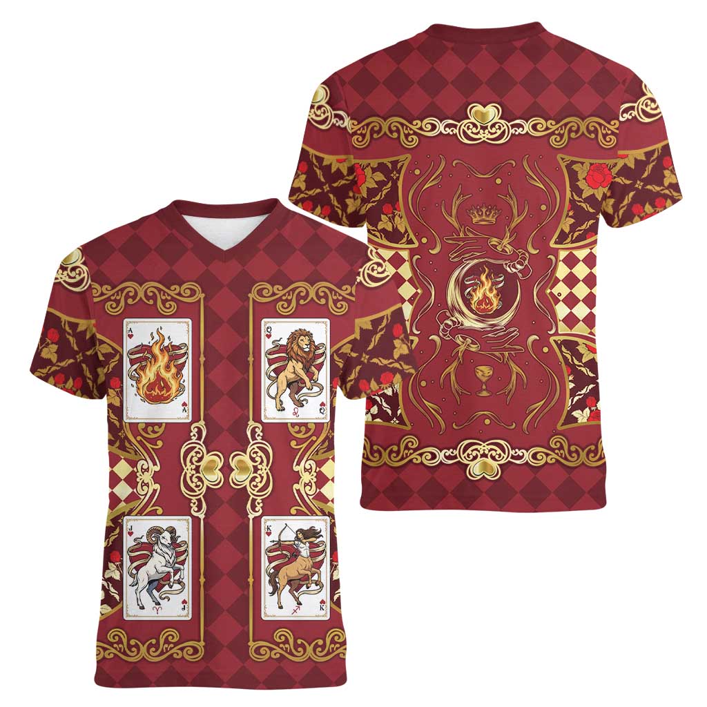 Zodiac Signs Women V-Neck T-Shirt The Fire Element Baroque Hearts Card