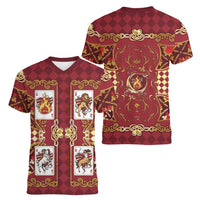 Zodiac Signs Women V-Neck T-Shirt The Fire Element Baroque Hearts Card