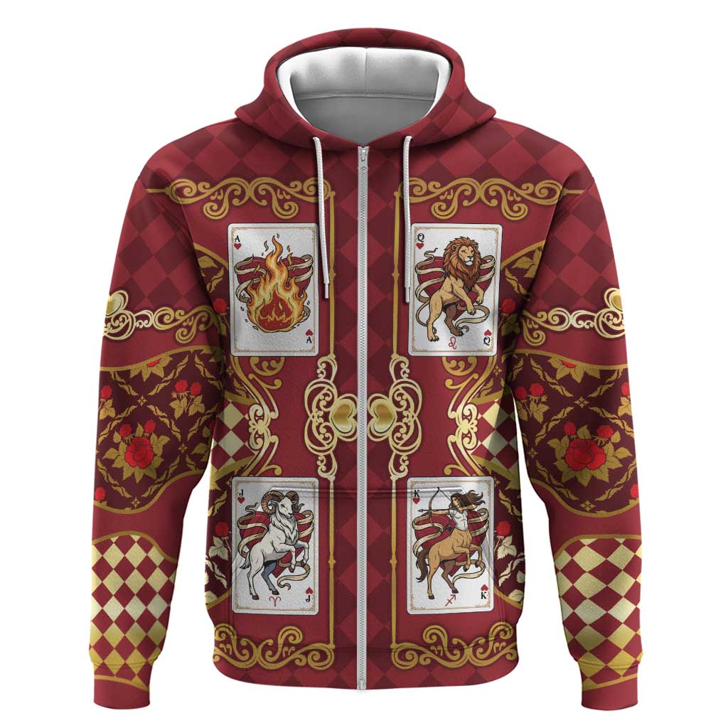 Zodiac Signs Zip Hoodie The Fire Element Baroque Hearts Card