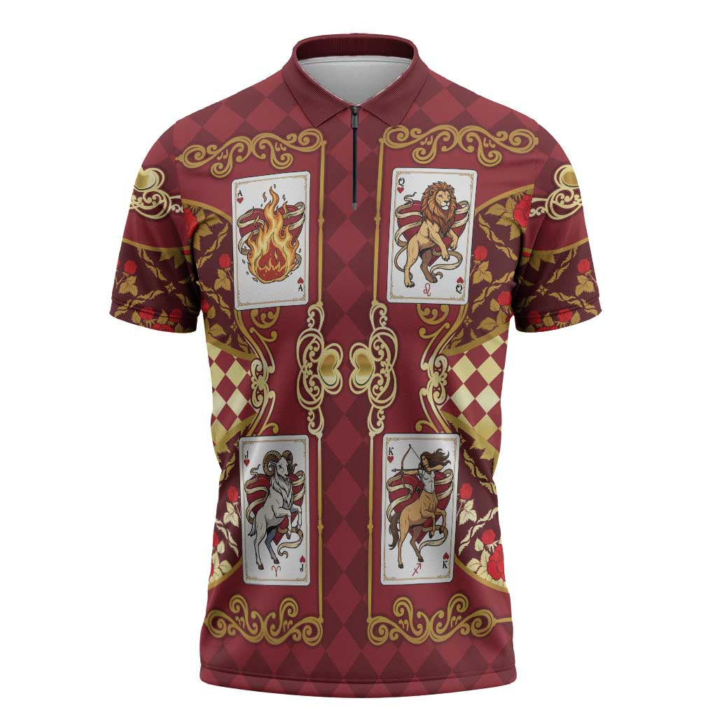 Zodiac Signs Zipper Polo Shirt The Fire Element Baroque Hearts Card