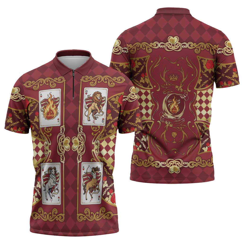 Zodiac Signs Zipper Polo Shirt The Fire Element Baroque Hearts Card