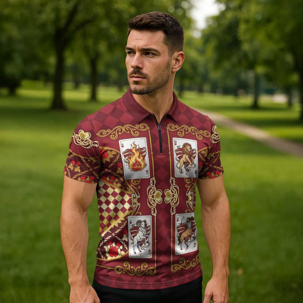Zodiac Signs Zipper Polo Shirt The Fire Element Baroque Hearts Card