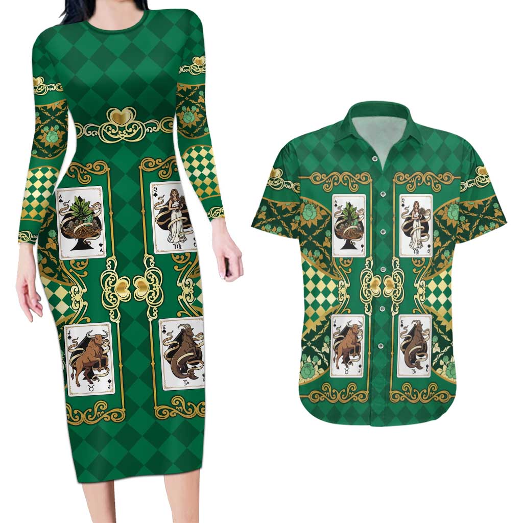 Zodiac Signs Couples Matching Long Sleeve Bodycon Dress and Hawaiian Shirt The Earth Element Baroque Spades Card