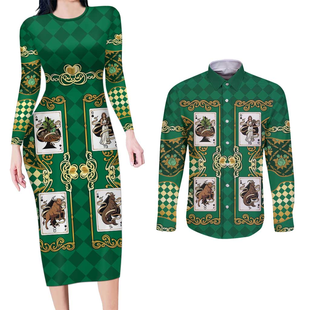 Zodiac Signs Couples Matching Long Sleeve Bodycon Dress and Long Sleeve Button Shirt The Earth Element Baroque Spades Card