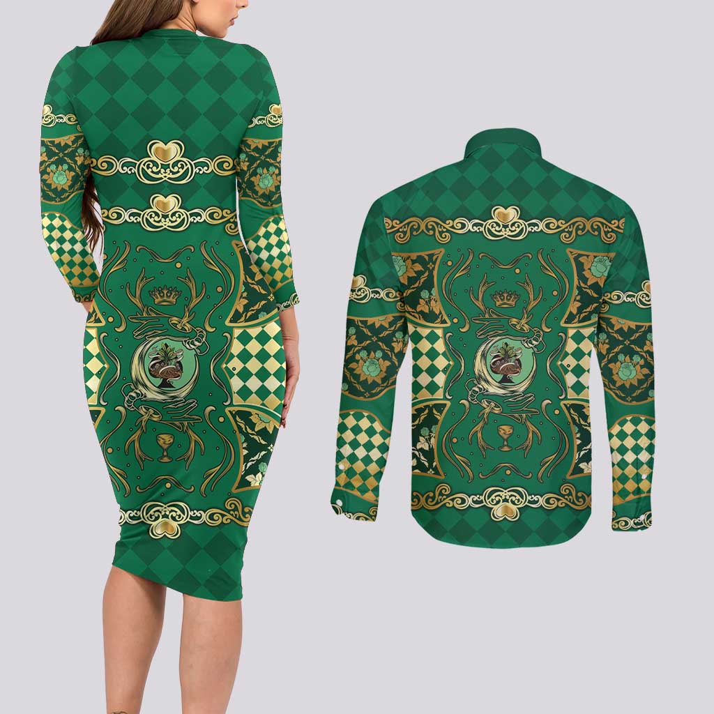 Zodiac Signs Couples Matching Long Sleeve Bodycon Dress and Long Sleeve Button Shirt The Earth Element Baroque Spades Card