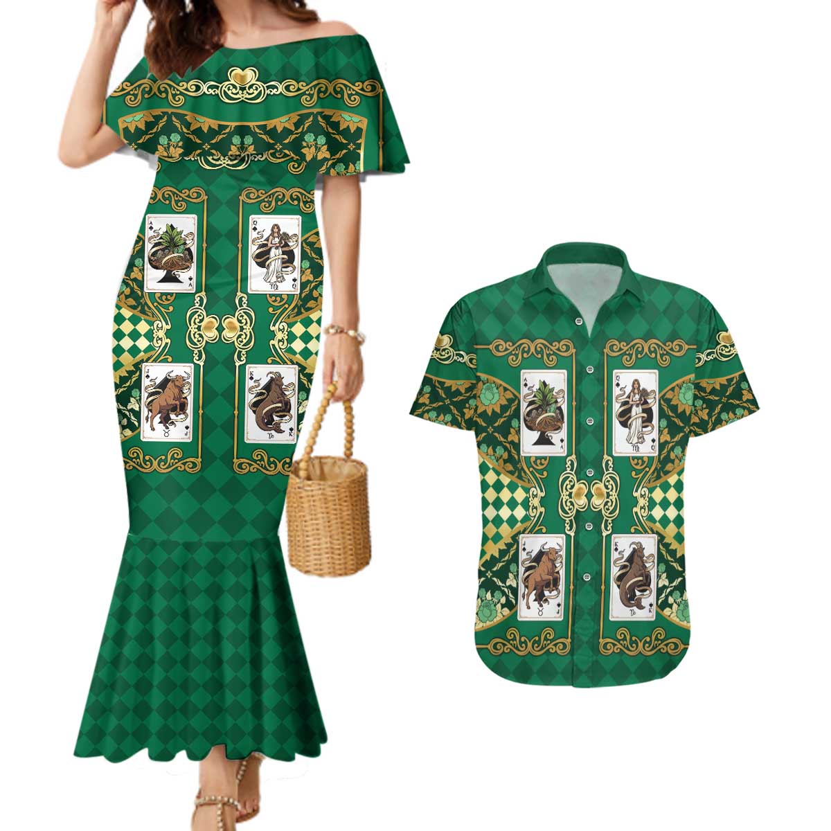 Zodiac Signs Couples Matching Mermaid Dress and Hawaiian Shirt The Earth Element Baroque Spades Card