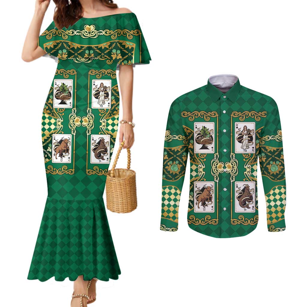 Zodiac Signs Couples Matching Mermaid Dress and Long Sleeve Button Shirt The Earth Element Baroque Spades Card