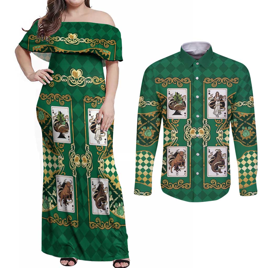 Zodiac Signs Couples Matching Off Shoulder Maxi Dress and Long Sleeve Button Shirt The Earth Element Baroque Spades Card
