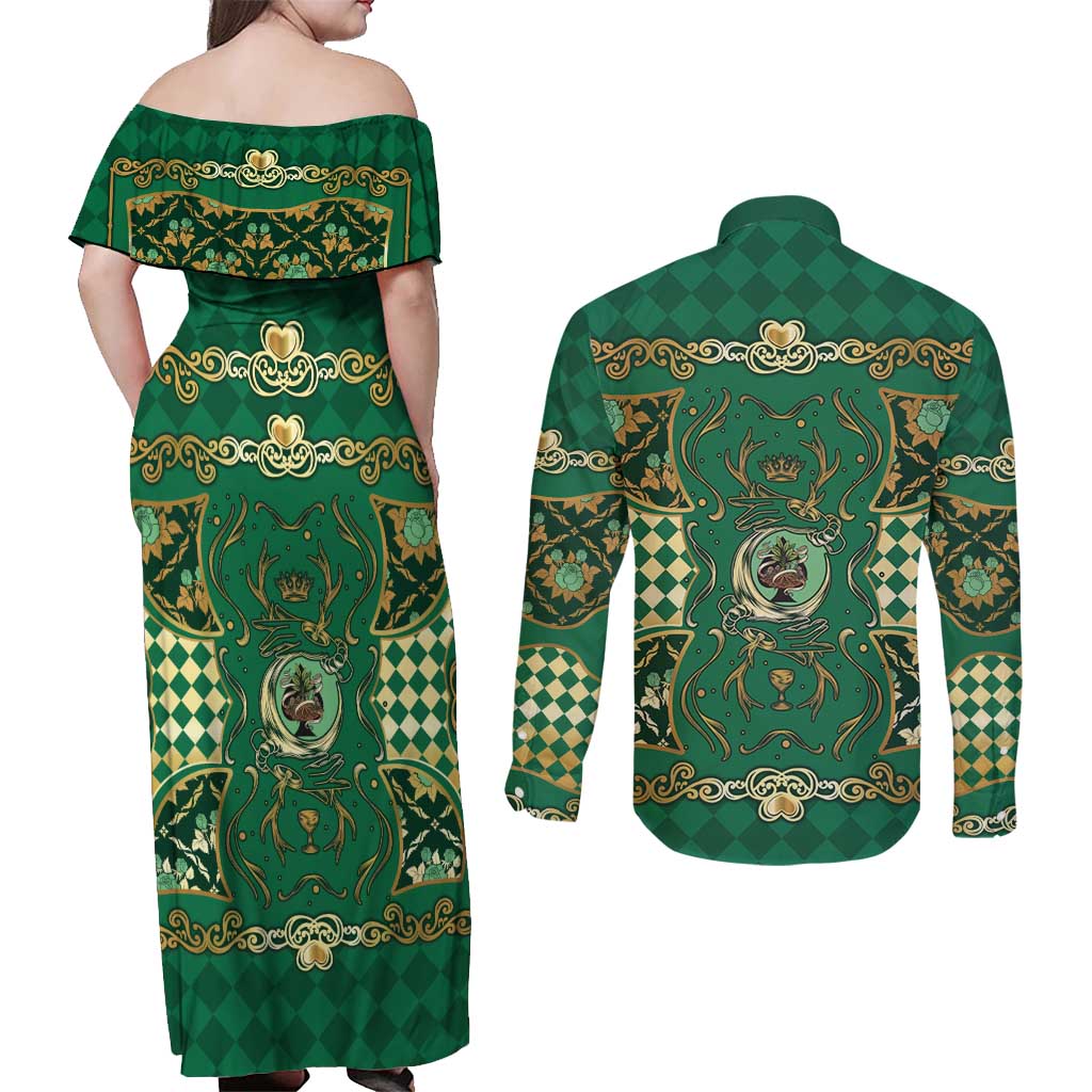 Zodiac Signs Couples Matching Off Shoulder Maxi Dress and Long Sleeve Button Shirt The Earth Element Baroque Spades Card