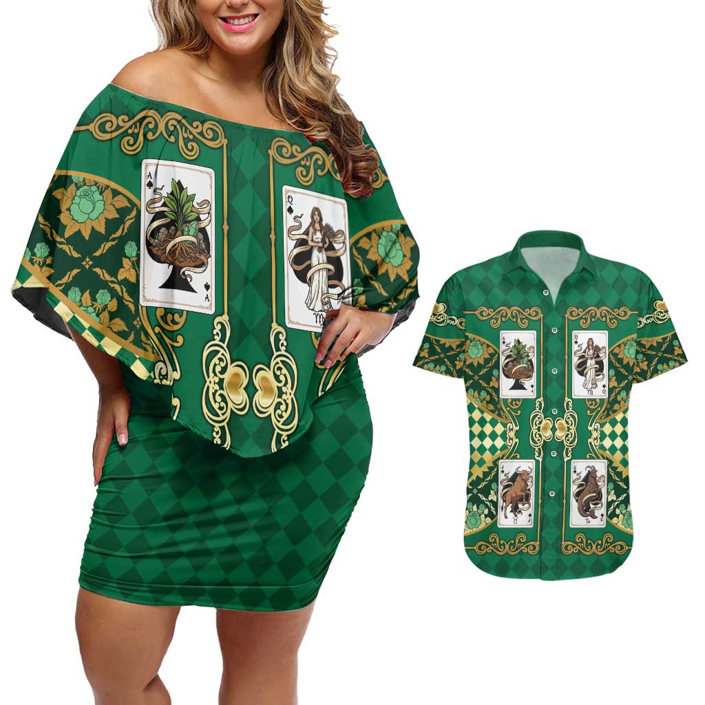 Zodiac Signs Couples Matching Off Shoulder Short Dress and Hawaiian Shirt The Earth Element Baroque Spades Card