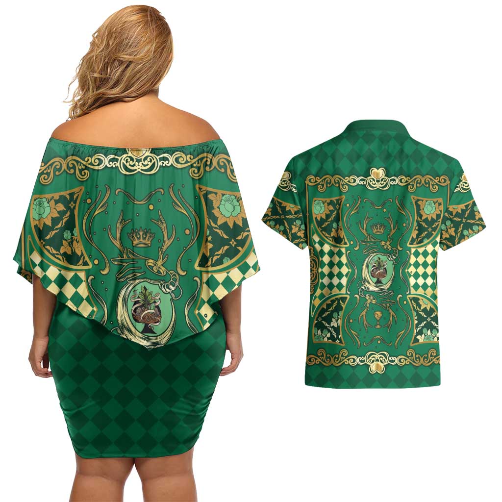 Zodiac Signs Couples Matching Off Shoulder Short Dress and Hawaiian Shirt The Earth Element Baroque Spades Card