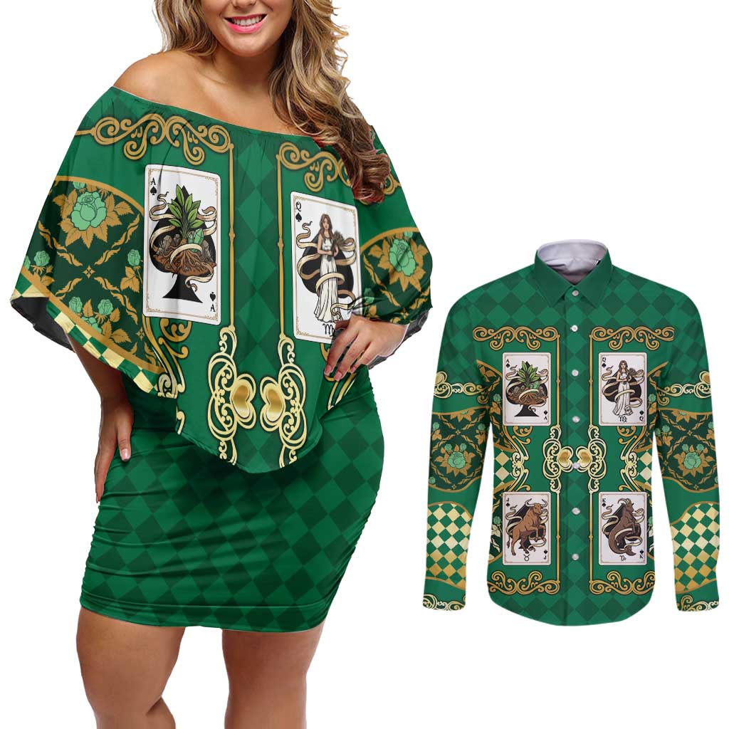 Zodiac Signs Couples Matching Off Shoulder Short Dress and Long Sleeve Button Shirt The Earth Element Baroque Spades Card