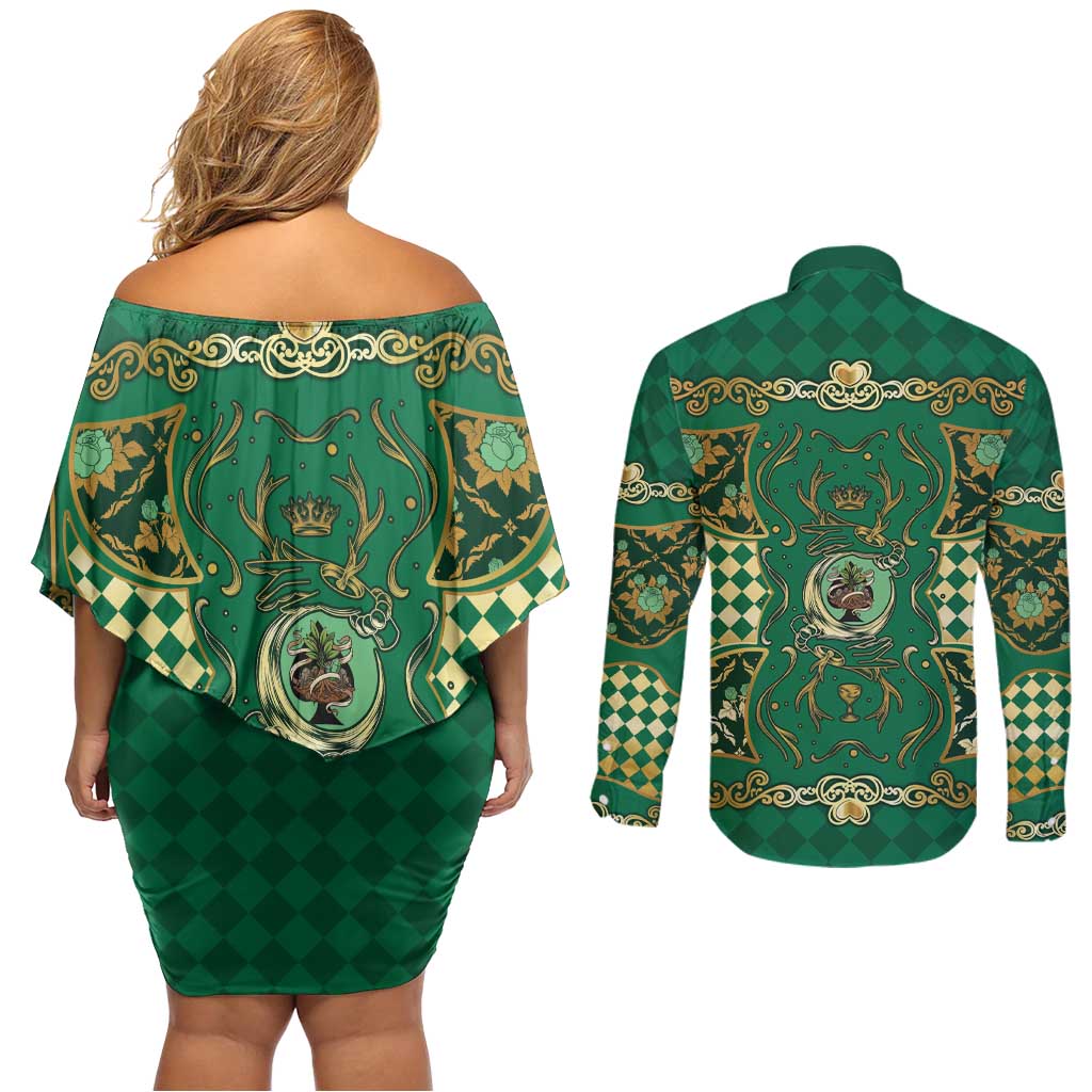 Zodiac Signs Couples Matching Off Shoulder Short Dress and Long Sleeve Button Shirt The Earth Element Baroque Spades Card