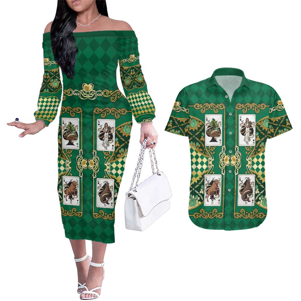 Zodiac Signs Couples Matching Off The Shoulder Long Sleeve Dress and Hawaiian Shirt The Earth Element Baroque Spades Card