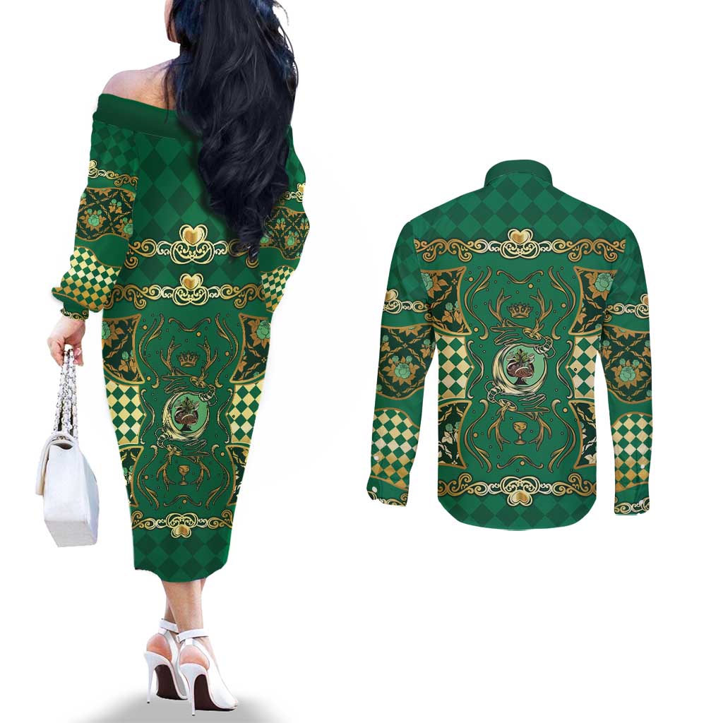 Zodiac Signs Couples Matching Off The Shoulder Long Sleeve Dress and Long Sleeve Button Shirt The Earth Element Baroque Spades Card