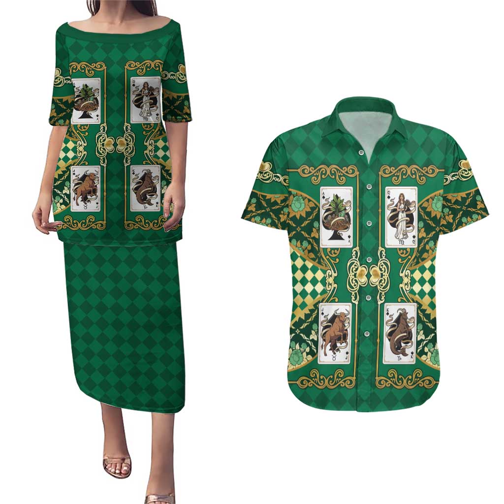 Zodiac Signs Couples Matching Puletasi and Hawaiian Shirt The Earth Element Baroque Spades Card