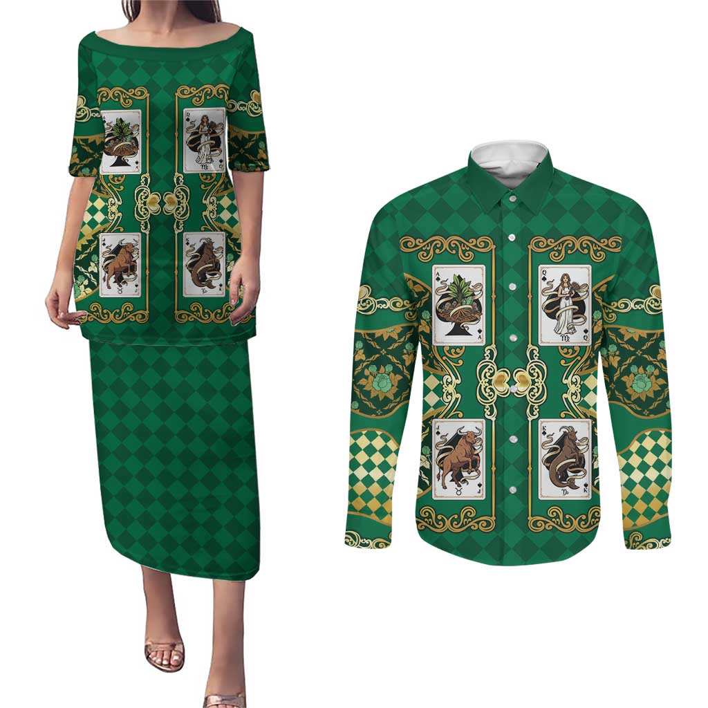 Zodiac Signs Couples Matching Puletasi and Long Sleeve Button Shirt The Earth Element Baroque Spades Card