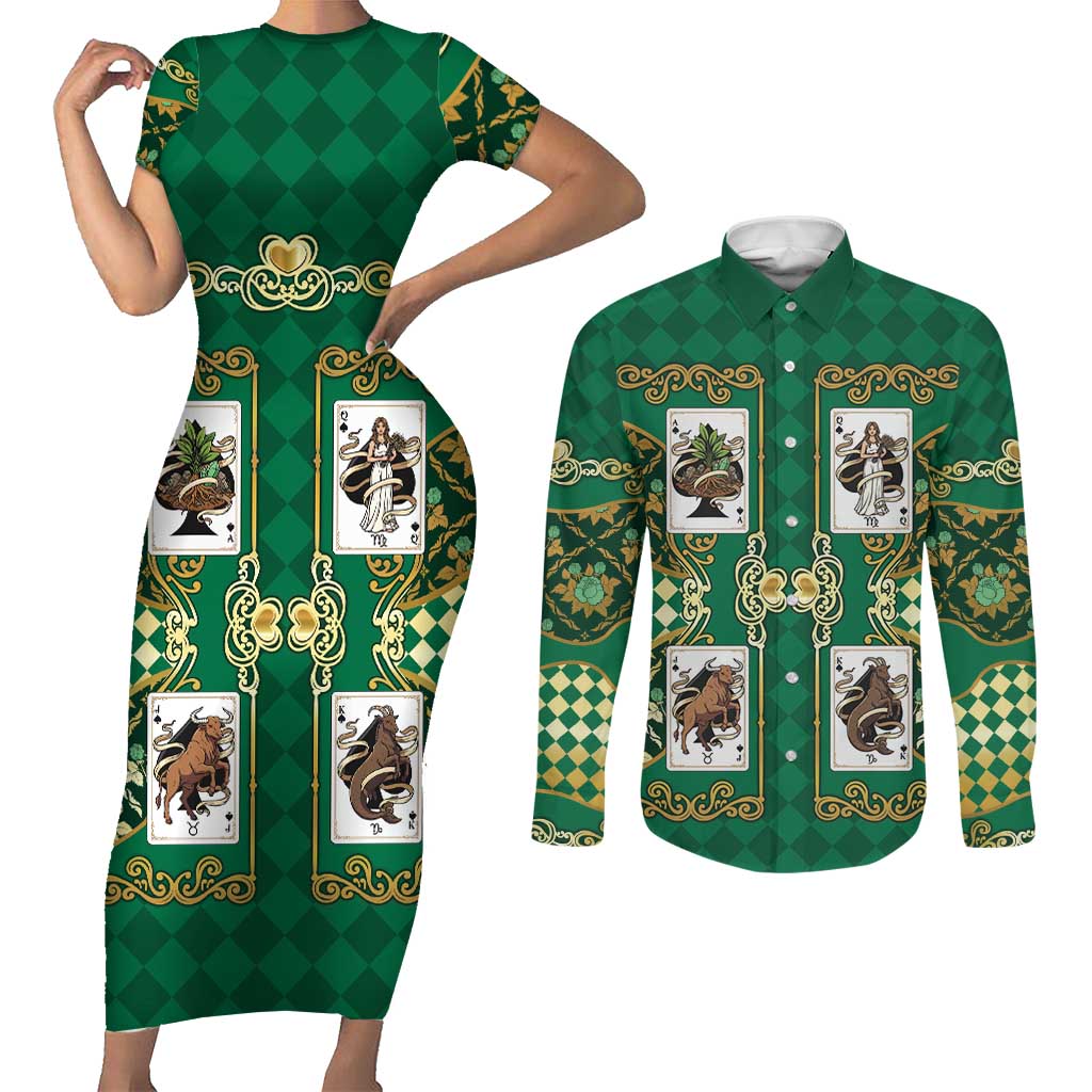 Zodiac Signs Couples Matching Short Sleeve Bodycon Dress and Long Sleeve Button Shirt The Earth Element Baroque Spades Card