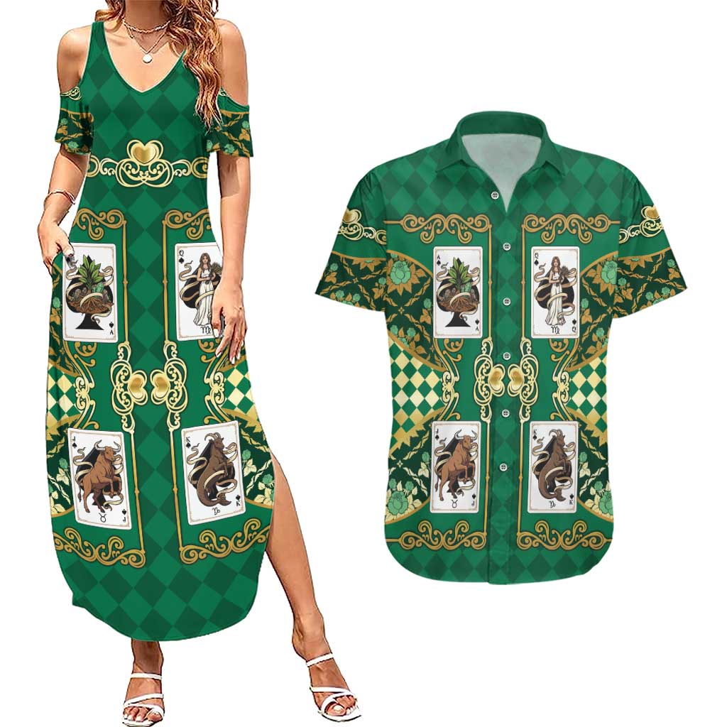 Zodiac Signs Couples Matching Summer Maxi Dress and Hawaiian Shirt The Earth Element Baroque Spades Card