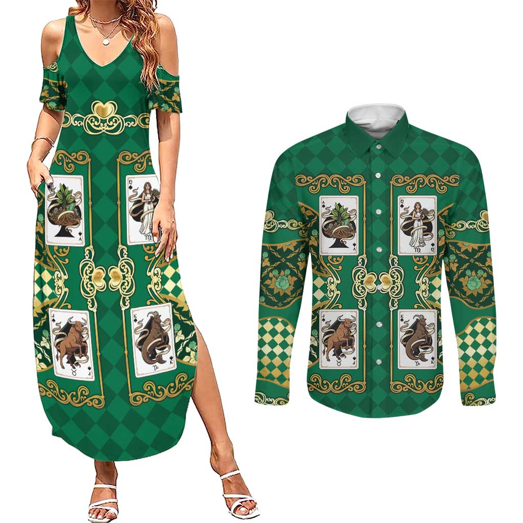 Zodiac Signs Couples Matching Summer Maxi Dress and Long Sleeve Button Shirt The Earth Element Baroque Spades Card