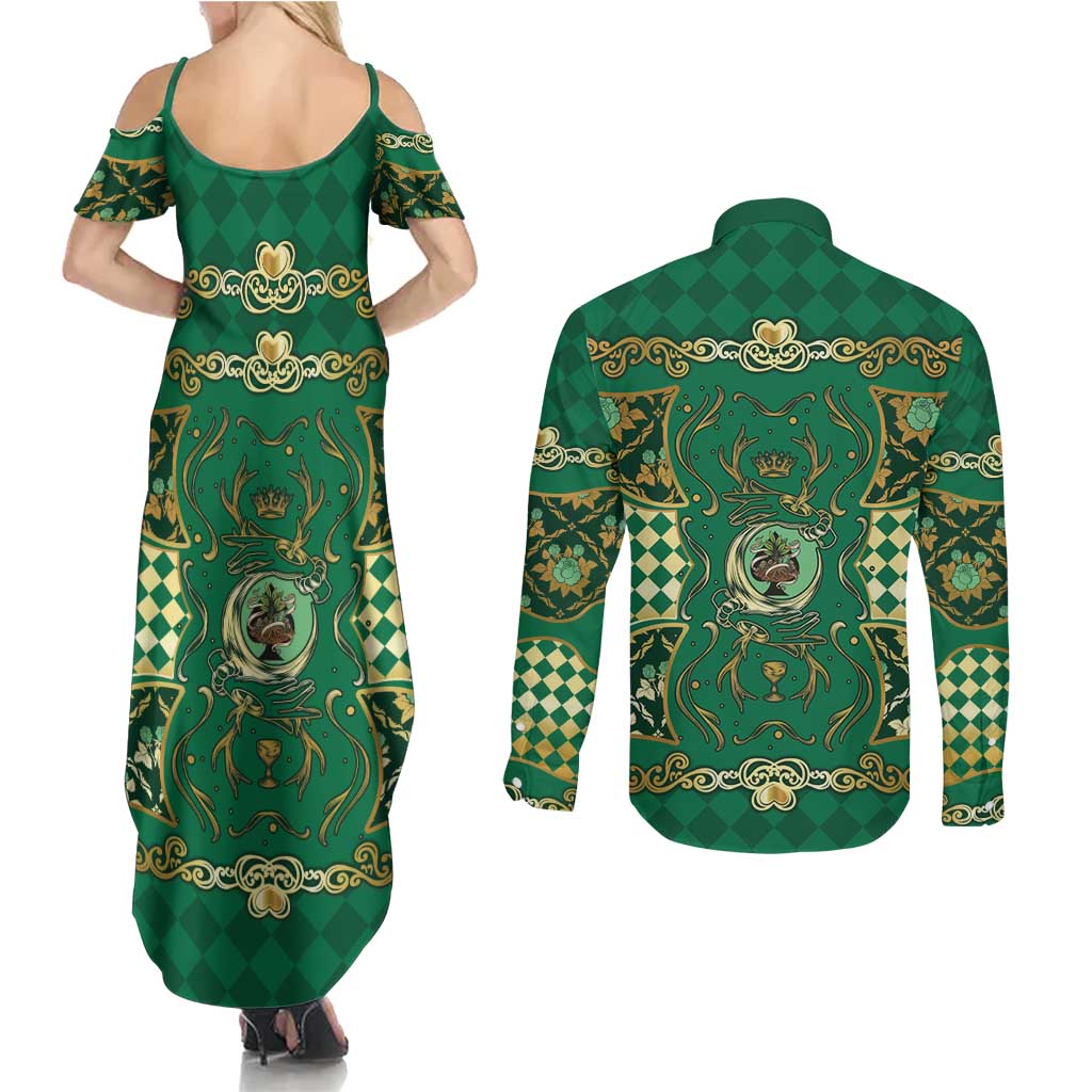 Zodiac Signs Couples Matching Summer Maxi Dress and Long Sleeve Button Shirt The Earth Element Baroque Spades Card
