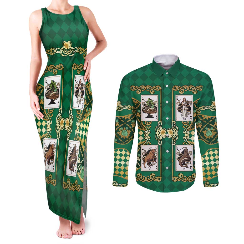 Zodiac Signs Couples Matching Tank Maxi Dress and Long Sleeve Button Shirt The Earth Element Baroque Spades Card