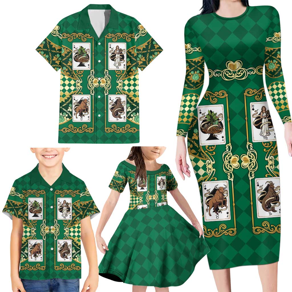 Zodiac Signs Family Matching Long Sleeve Bodycon Dress and Hawaiian Shirt The Earth Element Baroque Spades Card