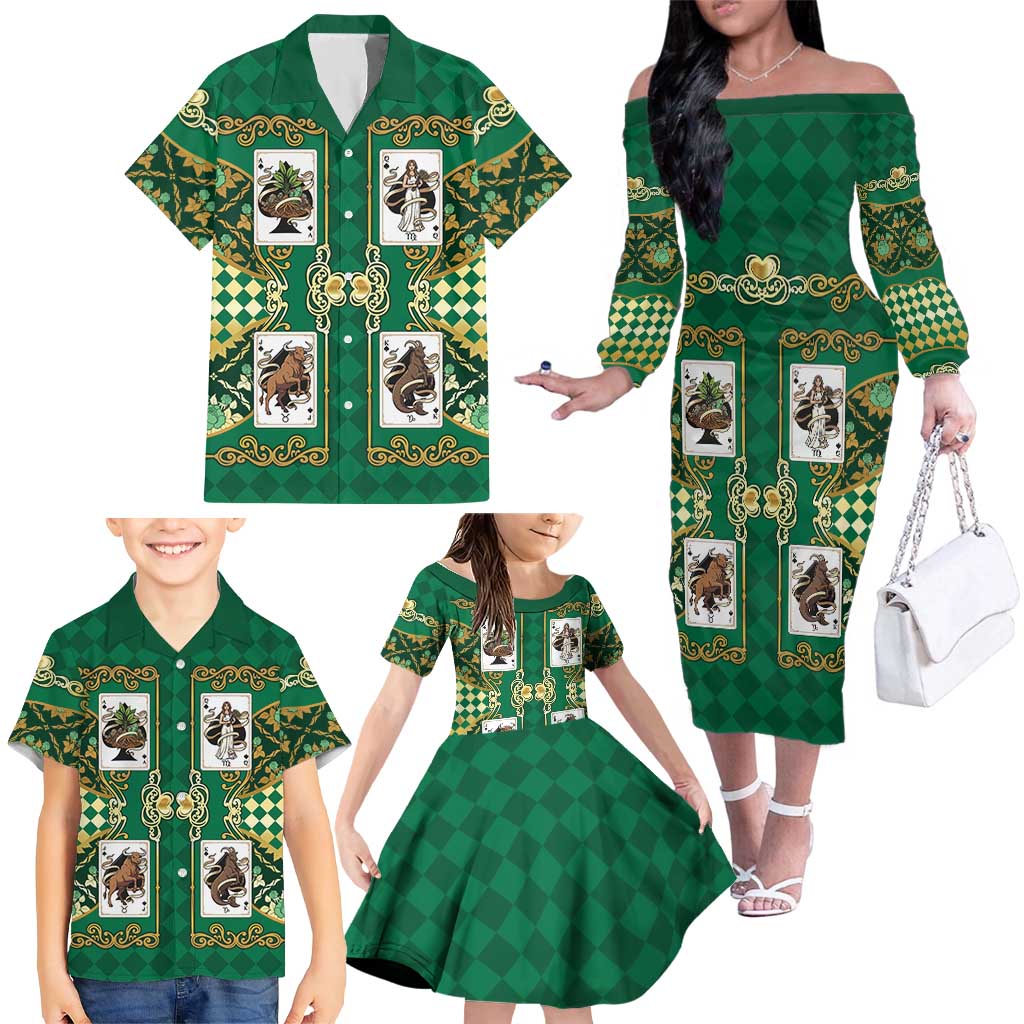 Zodiac Signs Family Matching Off The Shoulder Long Sleeve Dress and Hawaiian Shirt The Earth Element Baroque Spades Card
